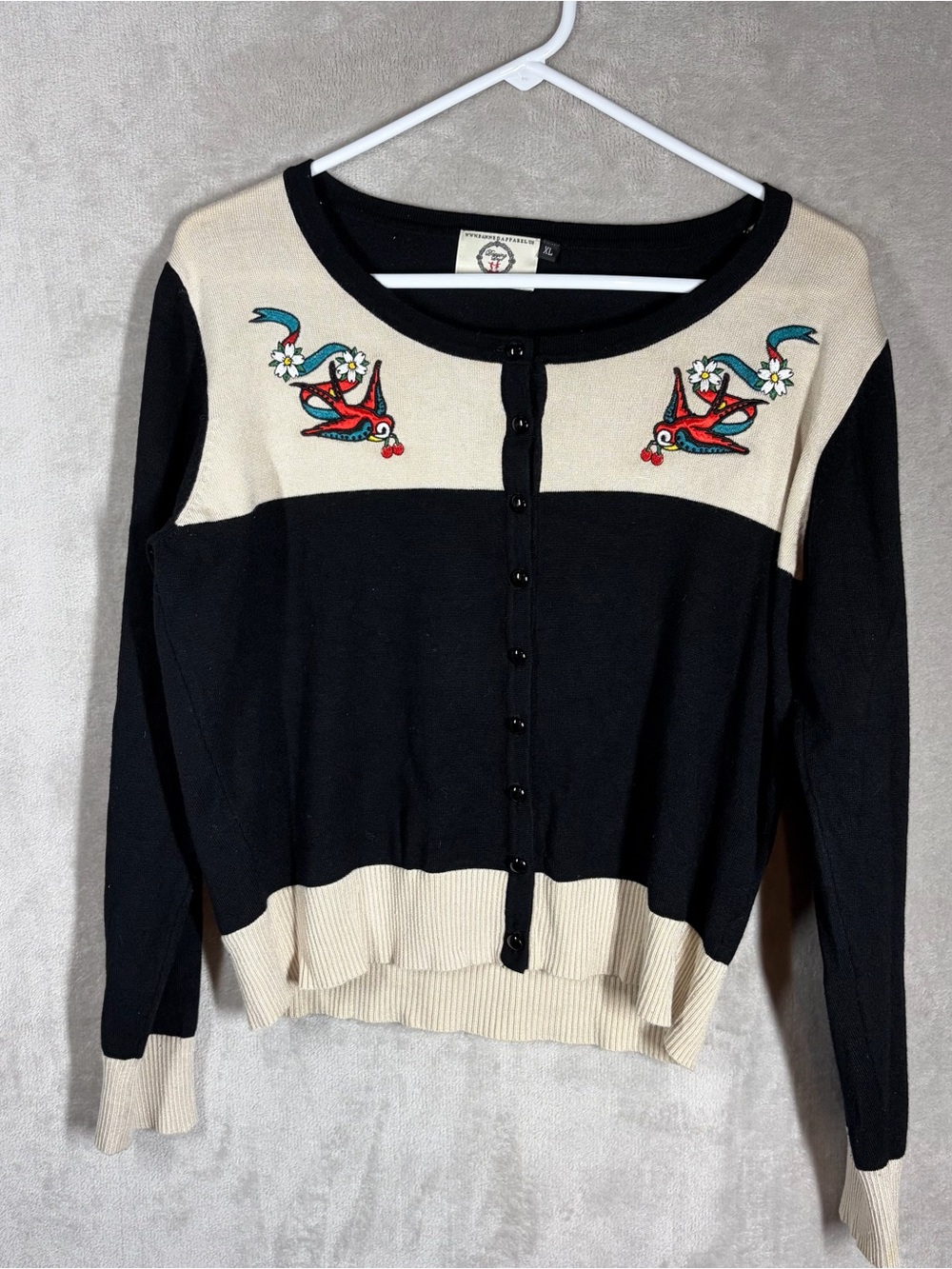 Banned Apparel Sparrow Tattoo Cardigan Size XL Black Stretch Retro Rockabilly